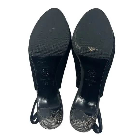 Chanel Tweed Slingback Cap Toe CC Logo Pumps Black Size 38 - Picture 10 of 12